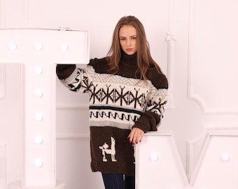 Maglione in lana di alpaca marrone, dolcevita in stile peruviano lavorato a mano, pullover con motivo vintage in alpaca T2023