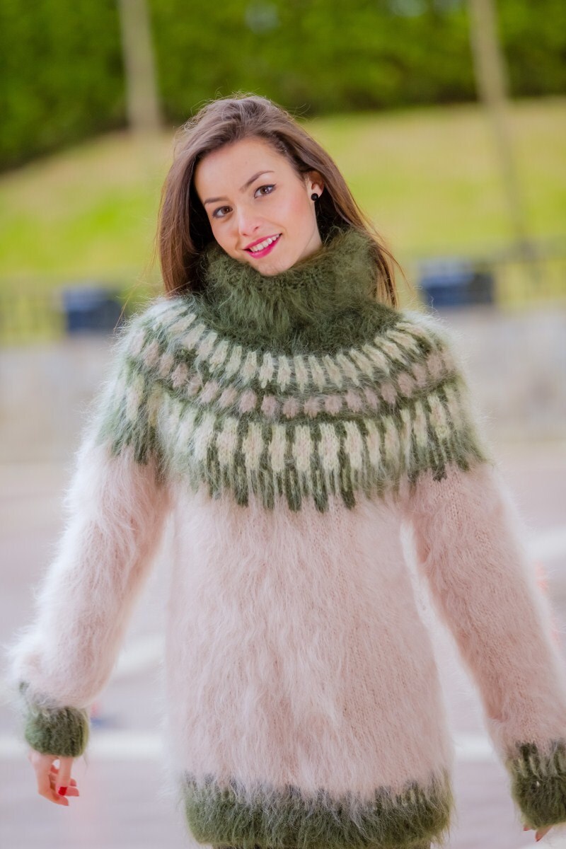 Green T neck Icelandic Mohair sweater Hand Knit Fluffy | Etsy