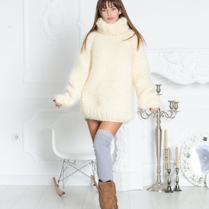 10 strands Mohair Sweater, Chunky Knit Cream Turtleneck Pullover T582