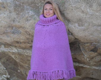 Purple Wool Poncho – Hand Knitted Chunky Cape with Turtleneck and Fringes T1943