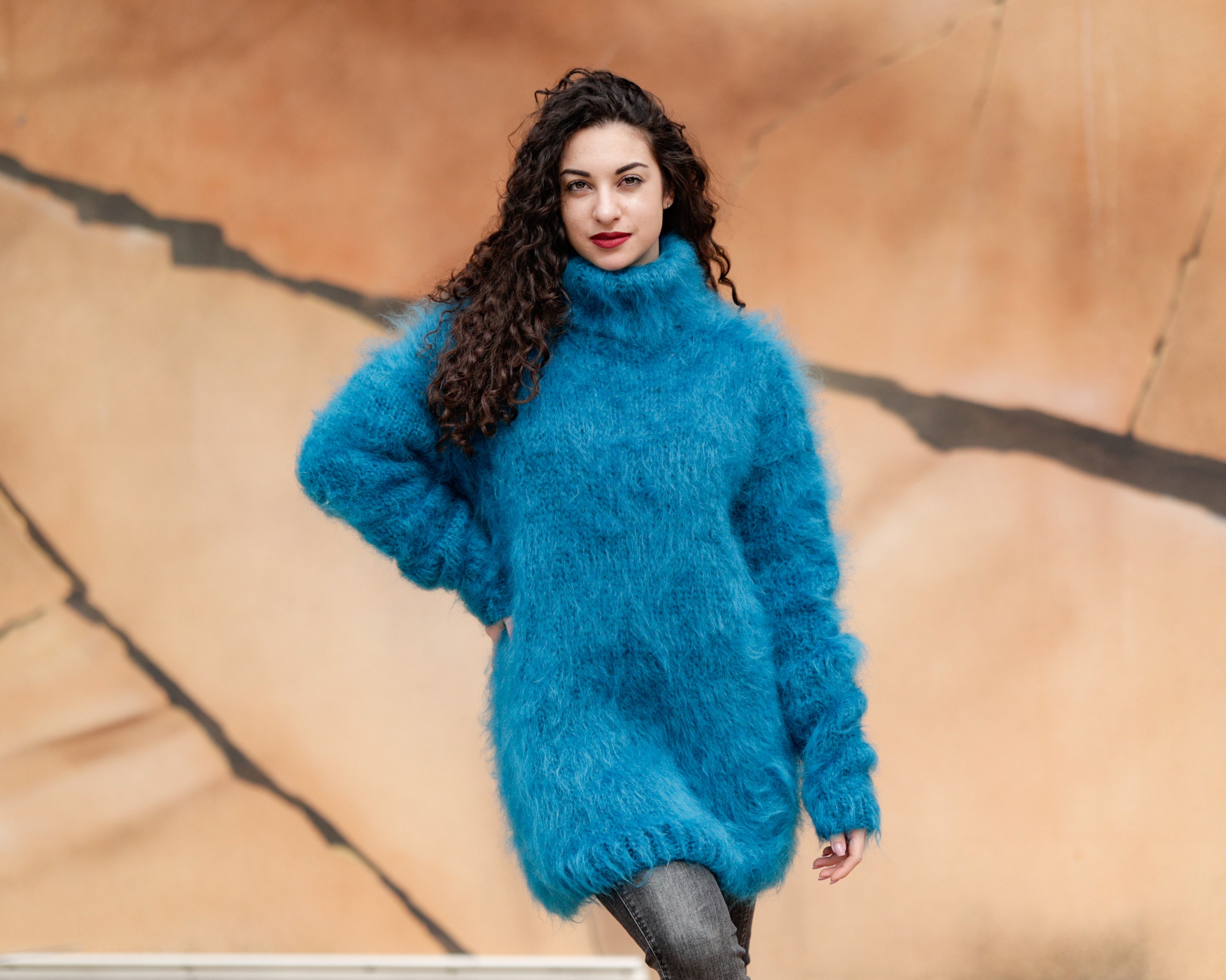 Blue Mohair Sweater, Chunky Knit Sweater, Turtleneck Jumper