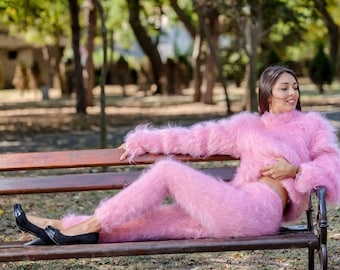 Pink Mohair Knit Pants, Hand Knitted Fluffy Fuzzy Thick Mohair Trousers T359
