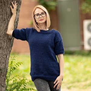 Short Mohair Sweater, Short Sleeve Sweater, Hand Knitted Sweater, Mohair Fetish T1074