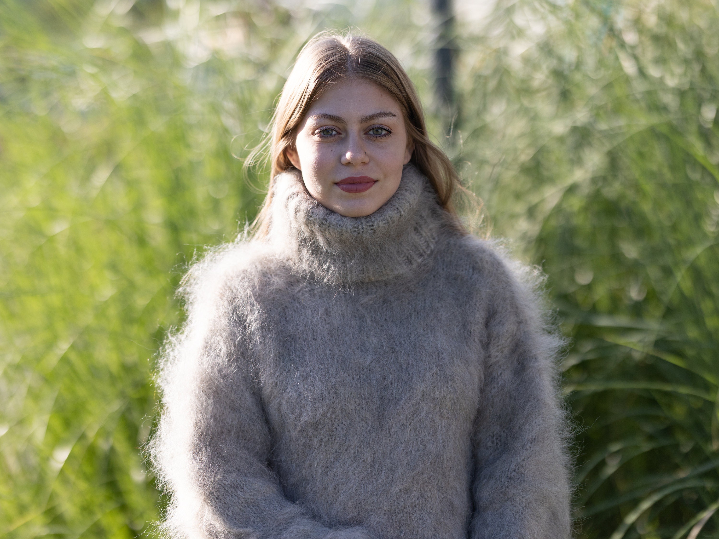 Fluffy Beige Italian Kid Mohair Sweater, Hand Knitted 4 Strand
