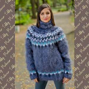 Grey mohair sweater Lopapeysa sweater Icelandic sweater pullover Hand knit wool women sweater T158