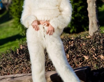Elfenbein Mohair Strickhose, Handgestrickte flauschige, dicke Mohair Hose T231