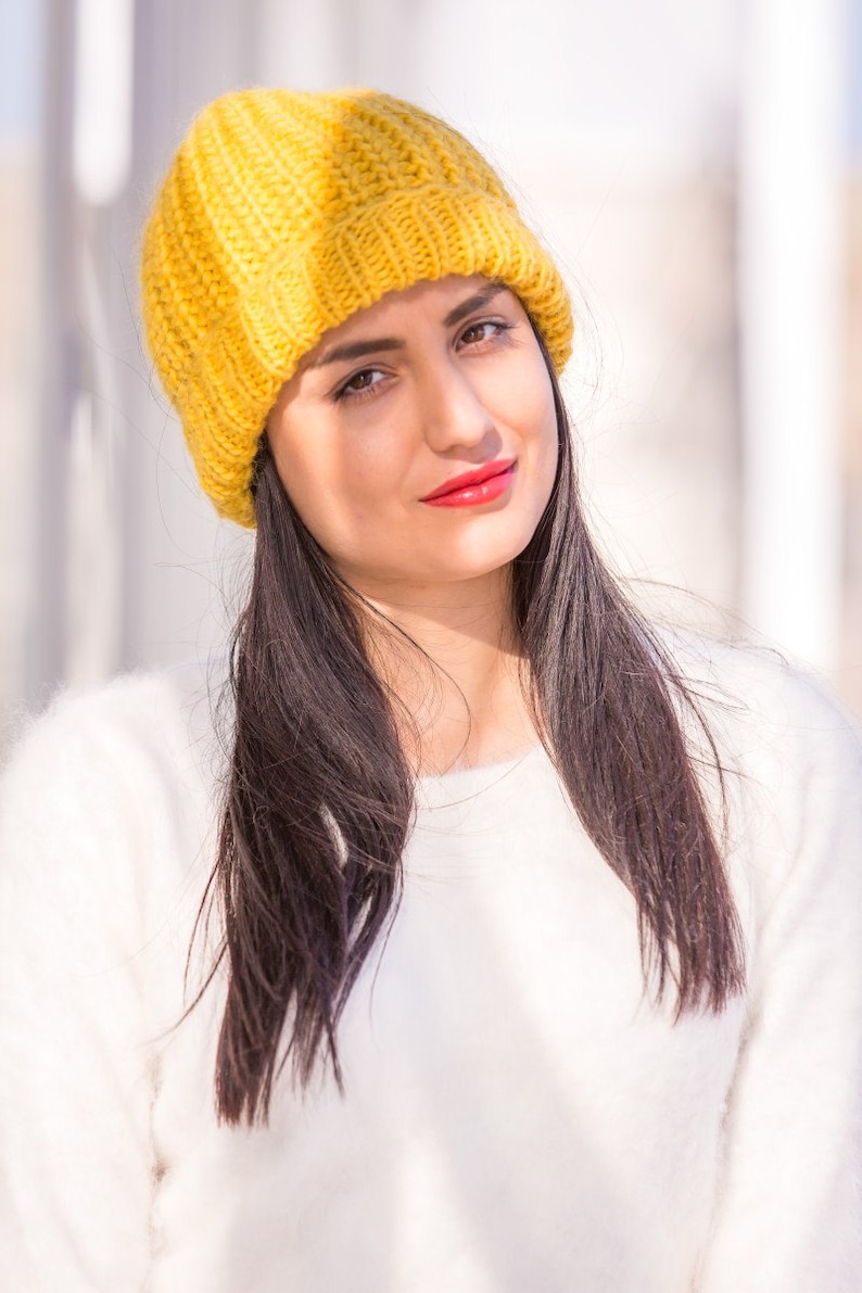 Winter Hat Woolen Beanie Raw Wool Hat T544 Hand Knitted Hat Slouchy Hat Yellow Wool Hat Chunky Hat Woolen Hat Itchy Wool Balaclava