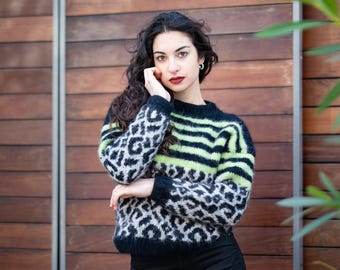 Alpaca and Merino Wool Sweater, Hand Knitted Leopard Print Jumper T1063