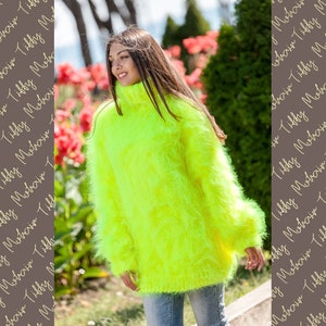 Neon Mohair Sweater, Turtleneck Sweater, Hand Knitted Sweater, Fluffy Sweater, Huge Oversized Sweater, Mohair Fetish, Chunky Sweater T363