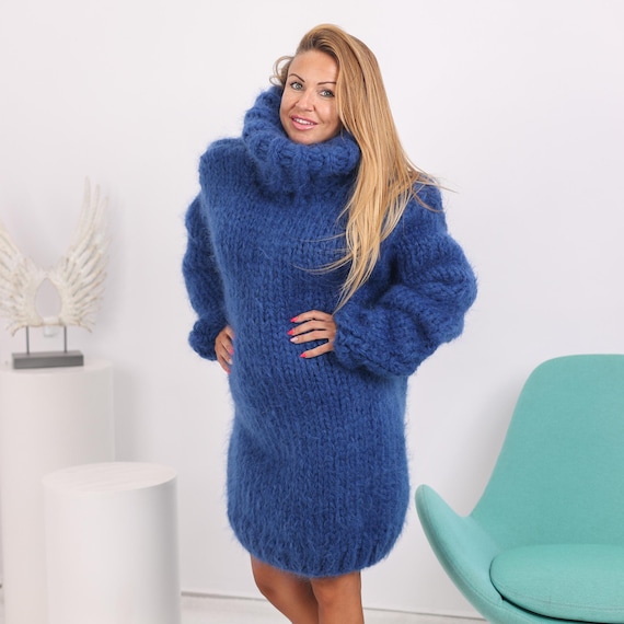 blue sweater dress near me 12 Strands Mohair Dress, Hand Knitted Extra Bulky Fuzzy Mohair Jumper T1717 WYSE London - Hallie Size:LARGE: Men US Shoe 8-13, Women 9-15 WG Midi check measurements before purchasing