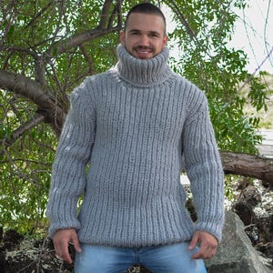 Gray Wool Sweater – Hand-Knitted Ribbed Fisherman Style Warm Jumper T782M image 2