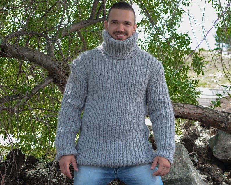 Gray Wool Sweater – Hand-Knitted Ribbed Fisherman Style Warm Jumper T782M image 2
