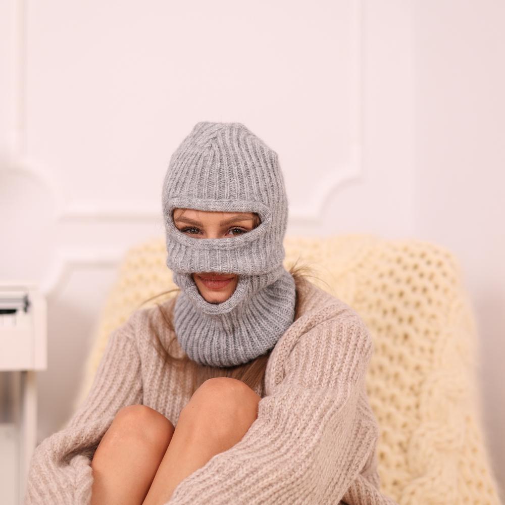Alpaca Merino Balaclava – Hand Knitted Grey Ribbed Ski Mask T1962