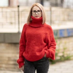Red Mohair sweater , Fuzzy Turtleneck Jumper T1075