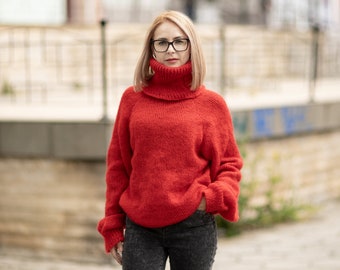 Red Mohair sweater , Fuzzy Turtleneck Jumper T1075