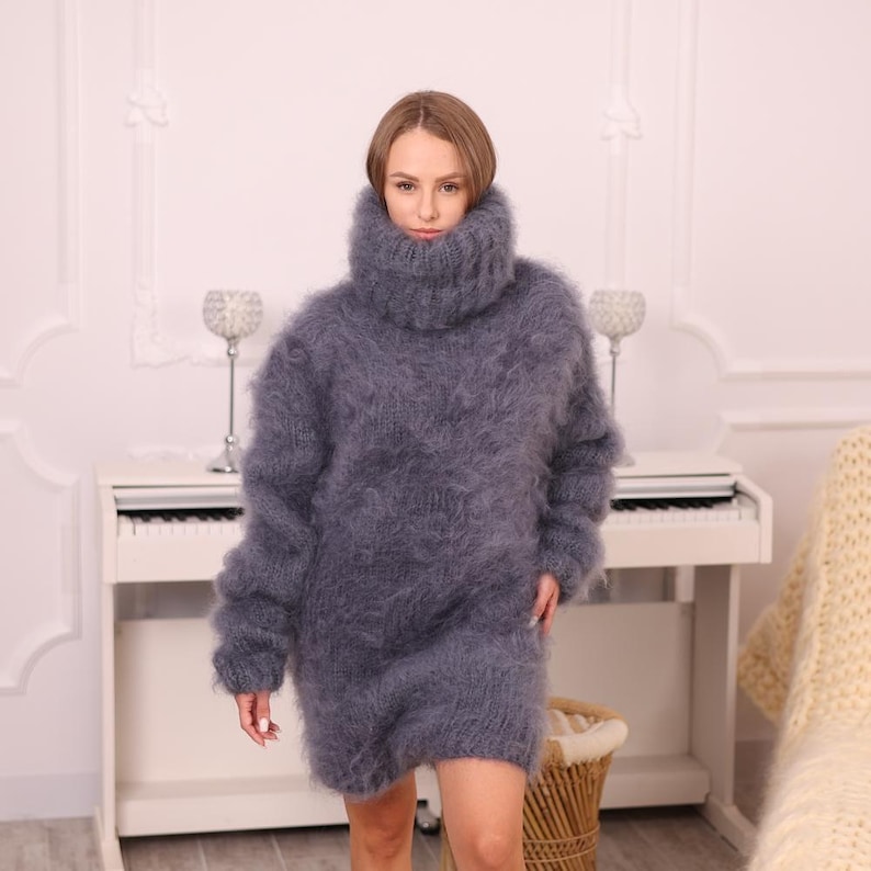 Brushed Mohair Bodysuit – Fluffy Hand-Knitted One-Piece with 70 cm Extra Long Turtleneck T1982 image 9