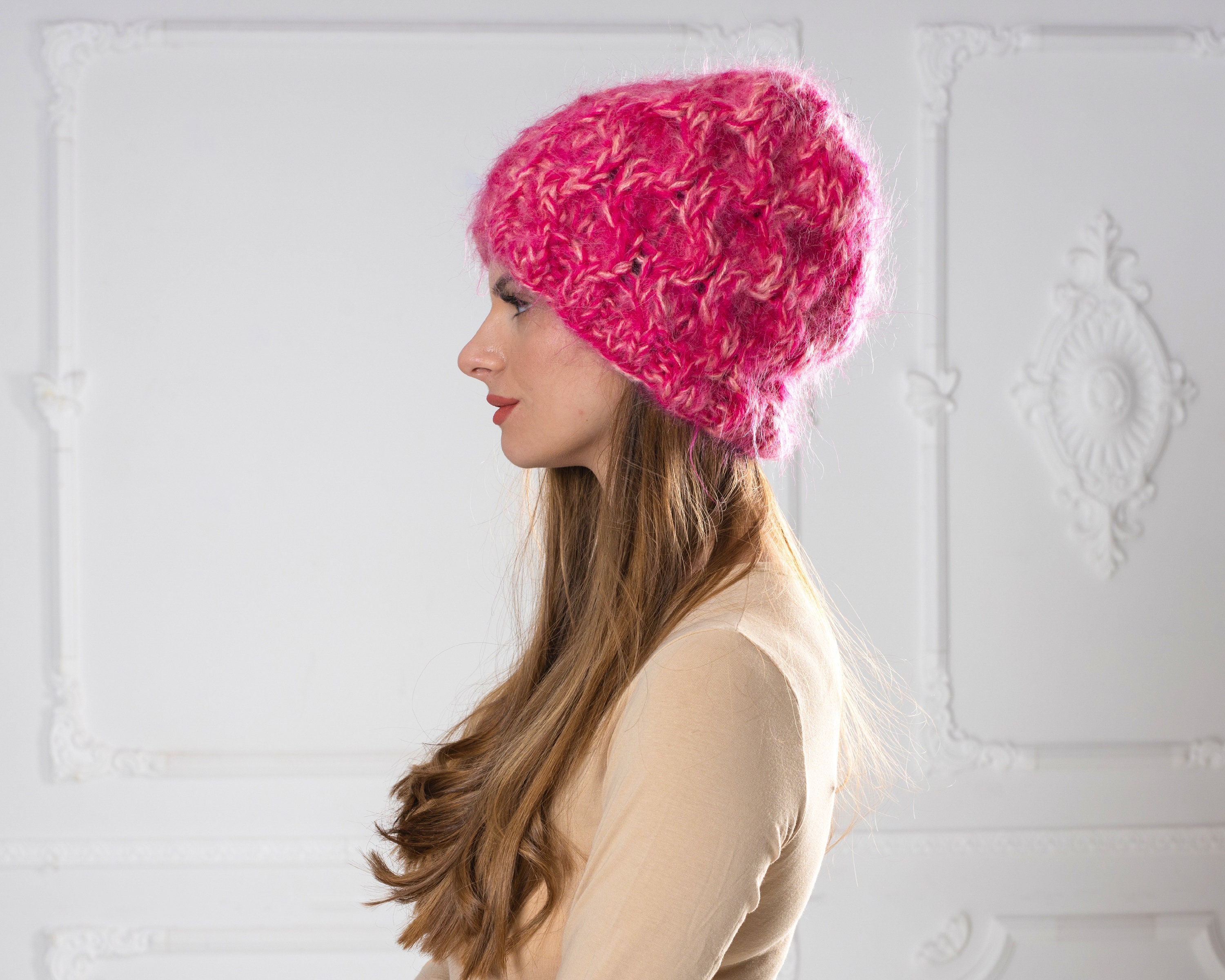 4 Strands Pink Melange Mohair Hat Cable 
