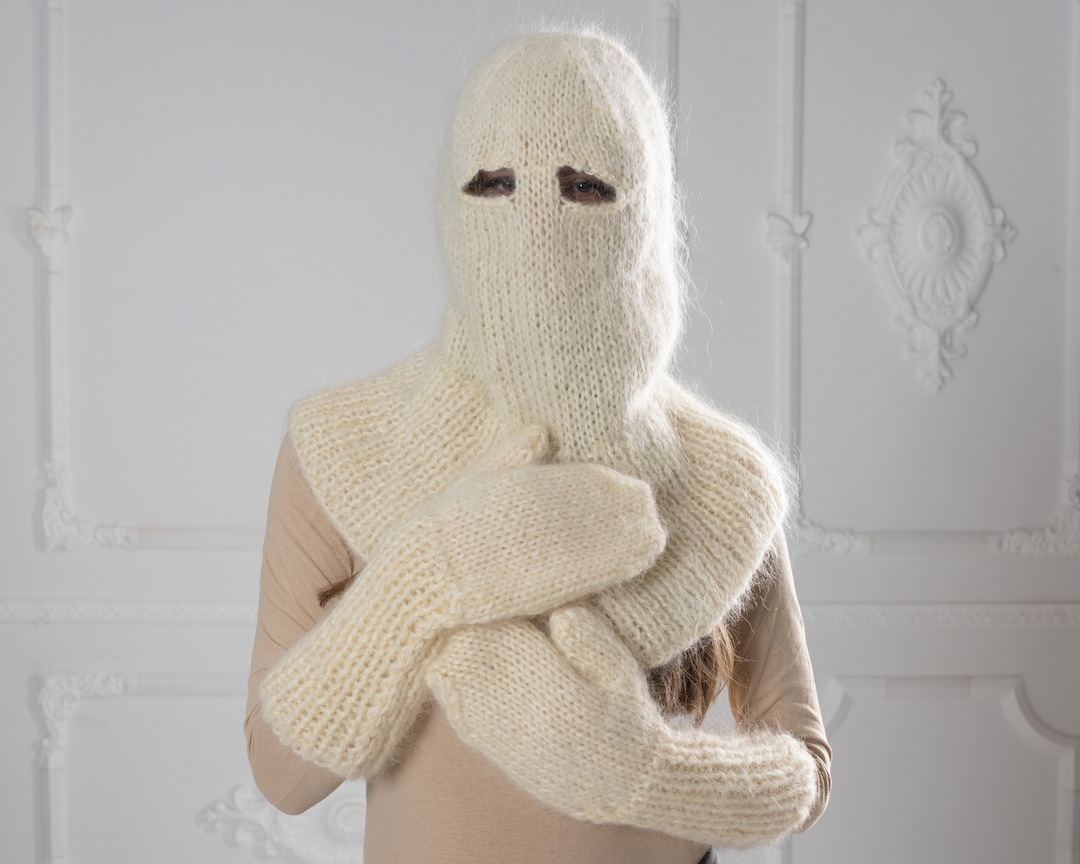 Cream Mohair Balaclava, Knit Hat, Fluffy Beanie, Slouchy Hat