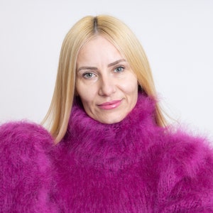 Purple Mohair Sweater, Turtleneck Sweater, Hand Knitted Sweater, T neck Jumper, Oversized Sweater,  Chunky Fluffy Sweater T1517