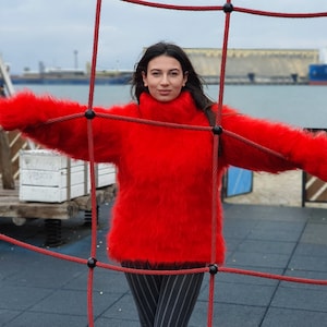 Red Fluffy Mohair Sweater, Turtleneck Sweater, Hand Knitted Sweater, Fluffy Sweater, Huge Oversized Sweater, Mohair Fetish T941