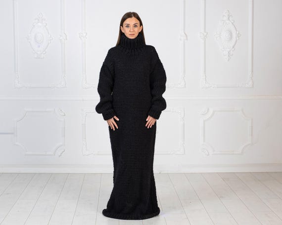 Black Wool Knit Maxi Dress, Chunky Turtleneck Sweater Dress T975 - Etsy Israel Black Wool Knit Maxi Dress, Chunky Turtleneck Sweater Dress T975 - Etsy Israel
