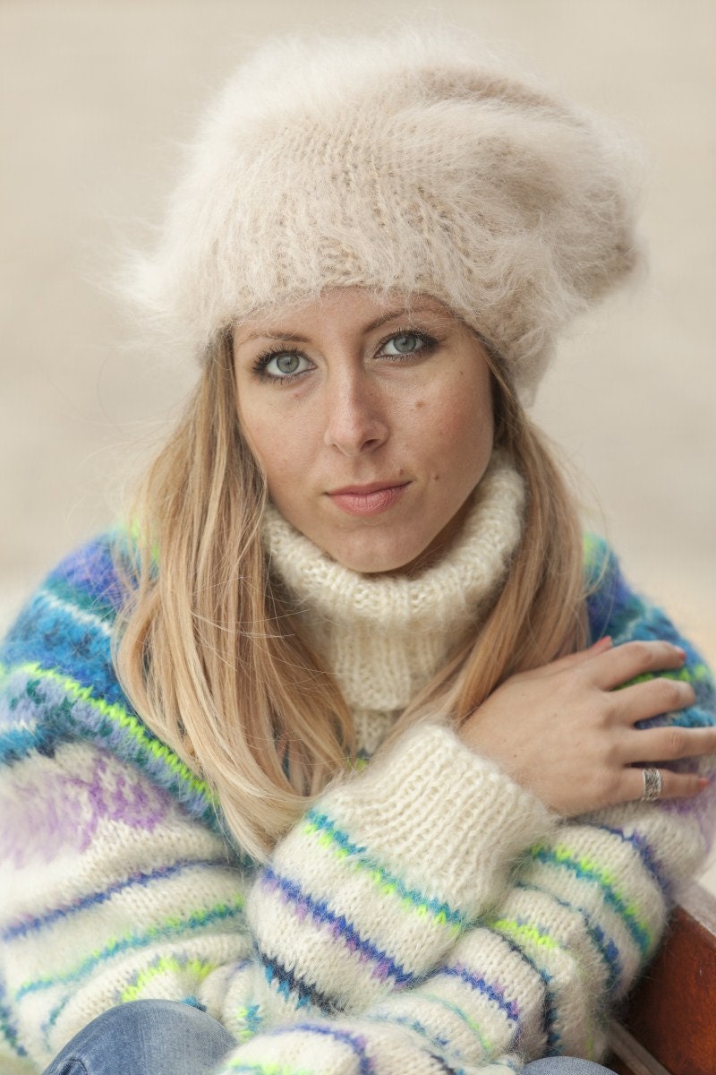 Beige Mohair Hat, HandKnit Hat, Fluffy Mohair Beanie, Slouchy Hat