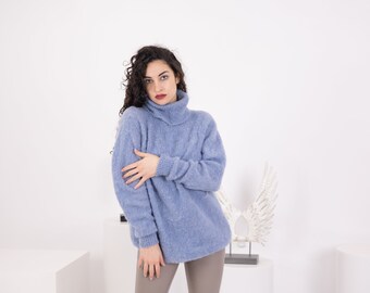 Blue Alpaca Sweater, Hand Knitted Soft Wool Pullover, Warm Cozy Lightweight Winter Jumper T1578