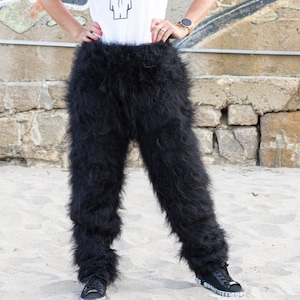Black Mohair Pants, Hand Knit Trousers T1090