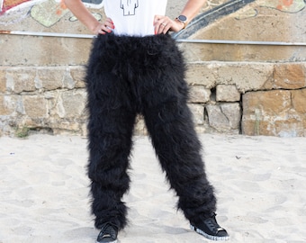 Black Mohair Pants, Hand Knit Trousers T1090