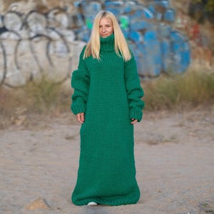 Grün Wolle Strick Rollkragen Maxi Pullover Kleid T1237