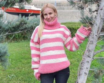 Maglione di lana a collo alto a righe rosa, lavorato a mano, 100% lana grossa, modello T920