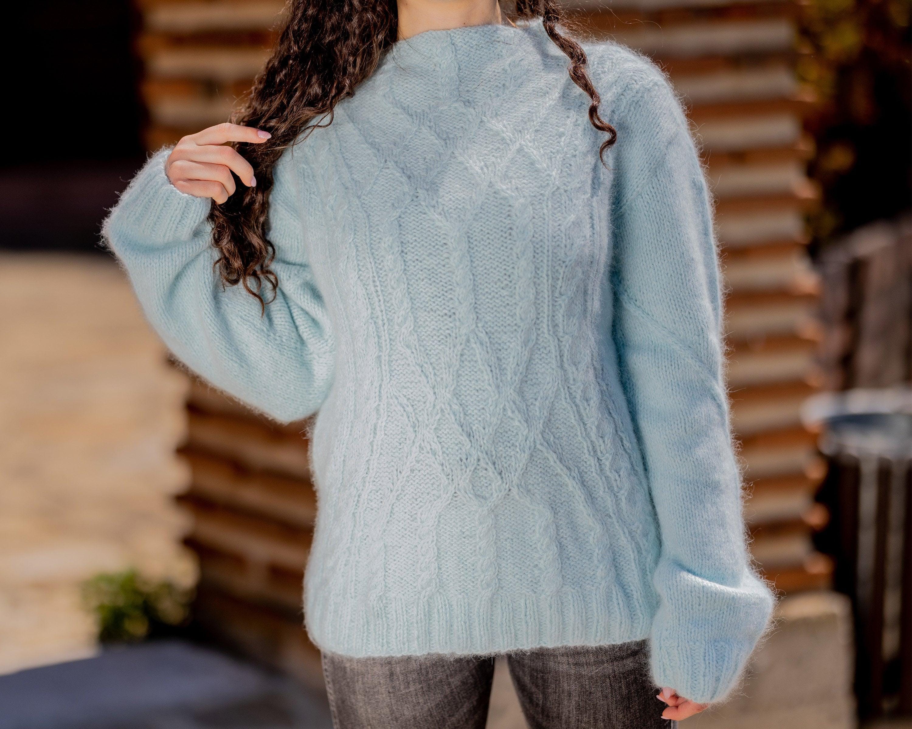 Baby Blue Angora Sweater, Hand Knitted 100% Rabbit Fluffy Pullover