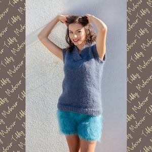 Short Sleeve Sweater, Hand Knit Vest, Collared Mohair Sweater  T400