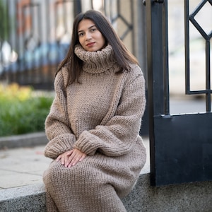 Beige Wool Dress, Knit Sweater Dress, Turtleneck Maxi Dress T1167 - Etsy