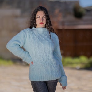 Elegant rabbit angora sweater, 100% hand knitted baby blue genuine rabbit angora sweater T1434