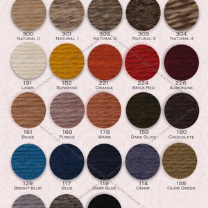 May include: A color chart of 100% wool yarn in various shades, including natural, orange, brick red, aubergine, beige, warm, dark olive, chocolate, bright blue, blue, dark blue, denim, olive green, stone, grey melange, and black. The chart is labeled "100% Wool (Itchy Wool)" and "Siffy Mohair hand knit with love".