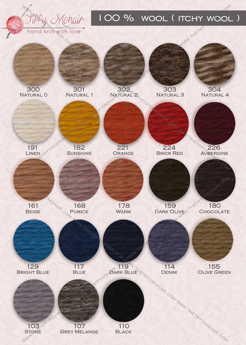 May include: A color chart of 100% wool yarn in various shades, including natural, orange, brick red, aubergine, beige, warm, dark olive, chocolate, bright blue, blue, dark blue, denim, olive green, stone, grey melange, and black. The chart is labeled "100% Wool (Itchy Wool)" and "Siffy Mohair hand knit with love".