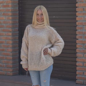 Ready to ship in size 3XL , Lace Knit Alpaca Sweater for Women – Hand Knitted See-Through Pullover with Holes, Lightweight Loose Fit T1865
