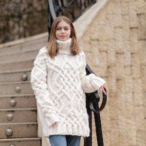 Cream Cable Knit Sweater, Hand Knitted 100% Wool Jumper, Chunky Winter Pullover T1364