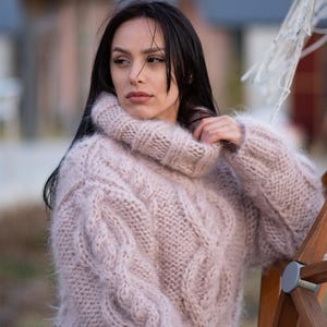 5-Strand Beige Mohair Sweater – Hand-Knitted Cabled Chunky Oversized Pullover T1176 image 1