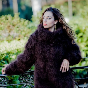 Brown Mohair Sweater, Turtleneck Sweater, Hand Knitted Sweater, T neck Jumper, Oversized Sweater, Mohair Fetish, Chunky Fluffy Sweater T23