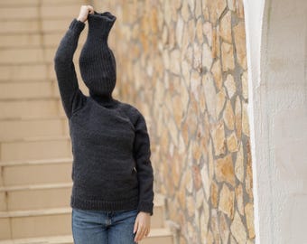 Gray Mohair Turtleneck Sweater – Hand-Knitted Soft Fluffy Pullover with Extra-Long 55 cm Neck T1379