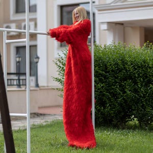 Extra Long Red Mohair Dress, Hand Knitted Turtleneck Sweater Maxi Dress T1079
