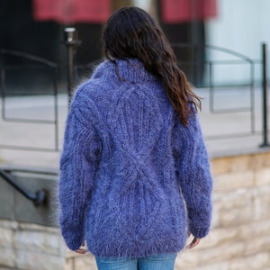 Fluffy Blue Mohair Sweater, Chunky Mock neck sweater with a zipper , Cable Knit Pullover, Hand Knit men sweater, knit women sweater T1060 image 8