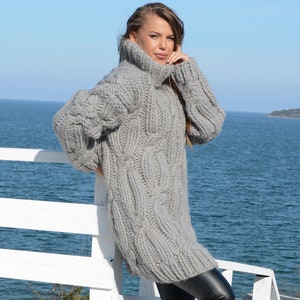Chunky Gray Wool Sweater, Huge Cable Knit Woolen Pullover T661M - Etsy
