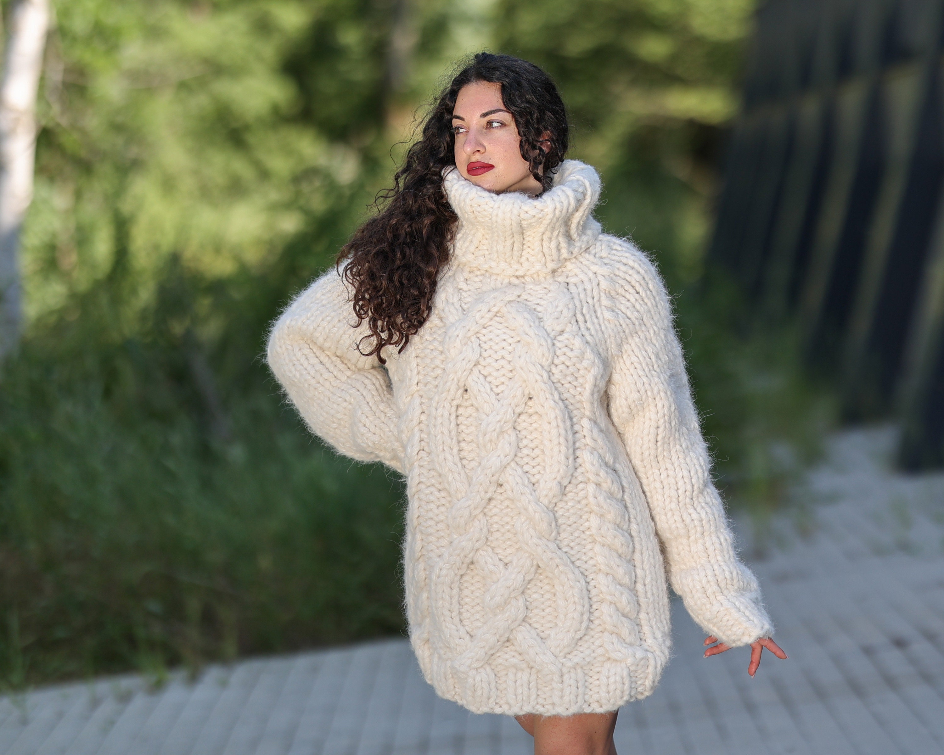 50 Strands Thick Alpaca Sweater, Cable Knit Chunky Sweater