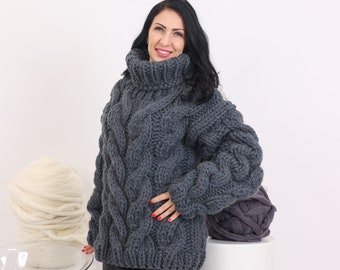 Mega Thick Hand Knitted pure Wool Sweater Gray Soft Turtleneck Jumper Pullover Jersey with Cables T1621