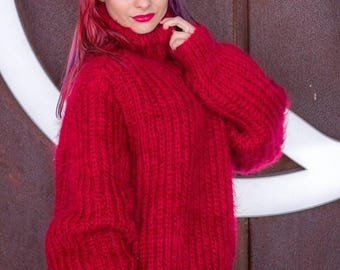 Fluffy Thick Ribbed Sweater, Hand Knitted in Soft Mohair Yarn T524