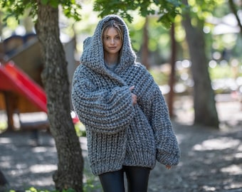 Extra Chunky Cardigan – 14-Strand Hand Knitted Alpaca Merino Wool Blend T1210