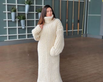 Extra Chunky English Rib Wool Dress, Knit Sweater Dress
